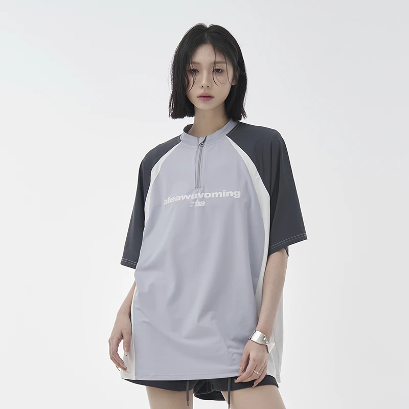 万有引力博物馆 撞色半拉链速干凉感短袖T恤女夏季新款运动上衣