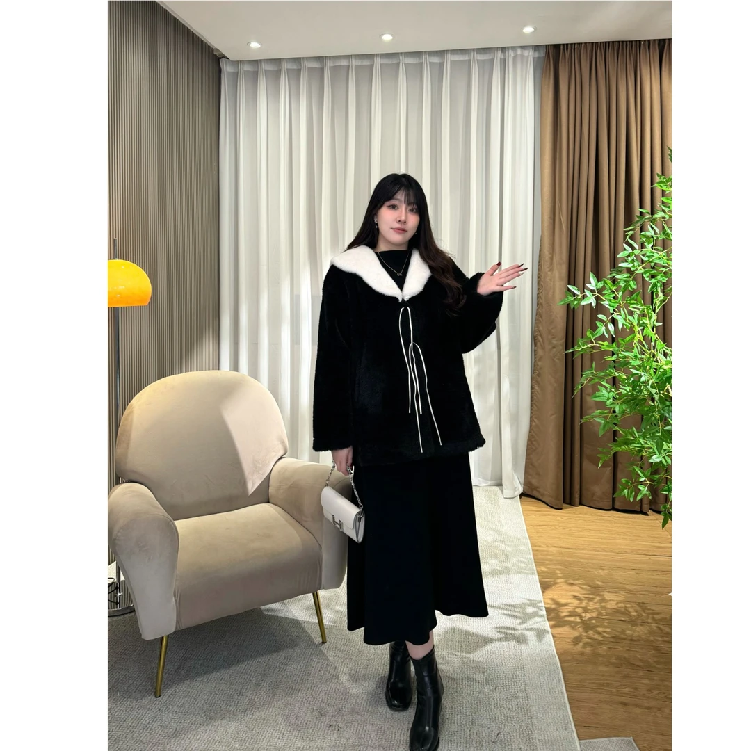 舒舒【糖霜黑巧】冬季加厚保暖大翻领赫本风大码显瘦百搭外套