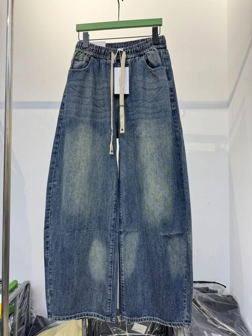 牛仔裤男2025新款复古做旧阔腿裤抽绳松紧腰高级感宽松直筒老爹裤