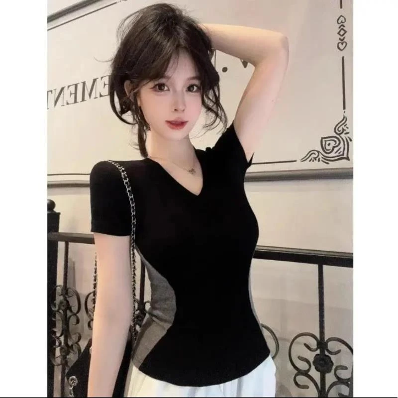 【现货】胖mm夏日纯欲撞色设计感短袖辣妹修身收腰显瘦v领上衣04001