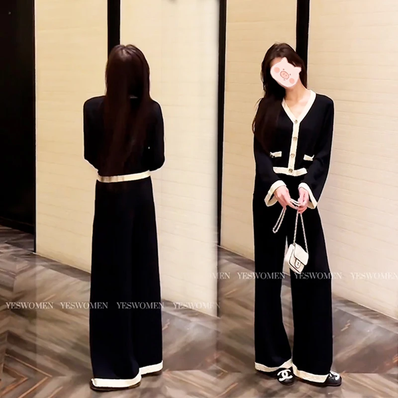 小香风气质撞色V领针织开衫阔腿裤女装2025秋冬新款辣妹时髦套装