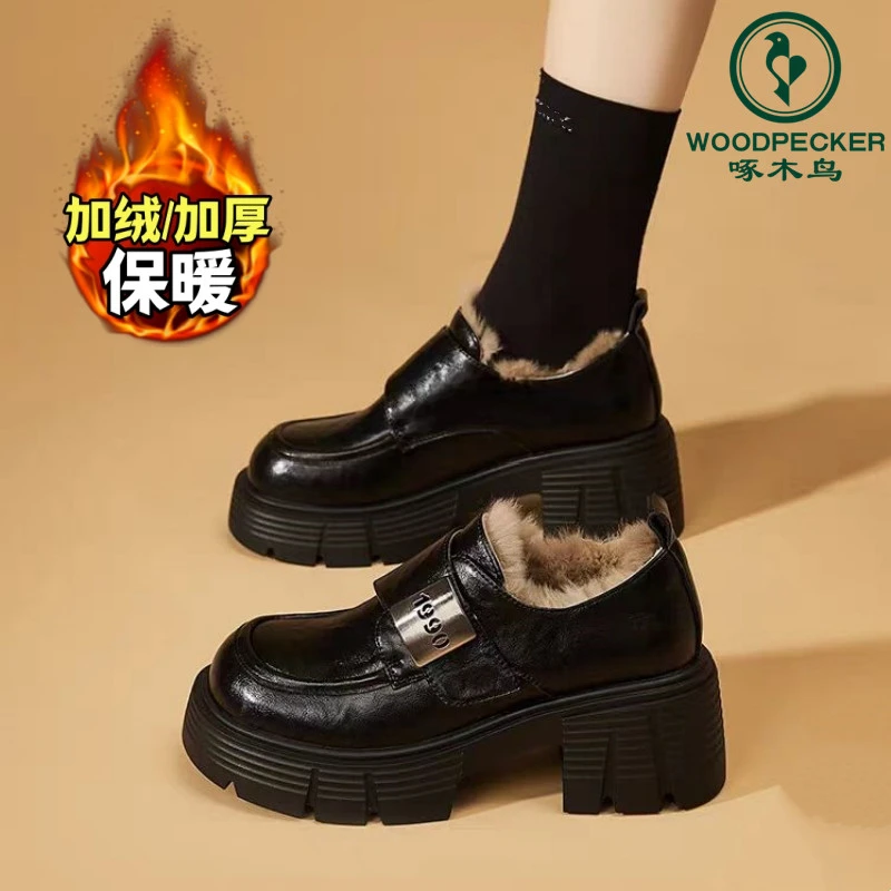 啄木鸟松糕加绒乐福鞋女2025年新款女鞋冬棉鞋女士厚底小皮鞋34码