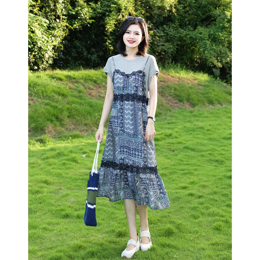 【假两件连衣裙】阿楠anan亚麻莱赛尔民族风收腰蕾丝拼接吊带连衣裙