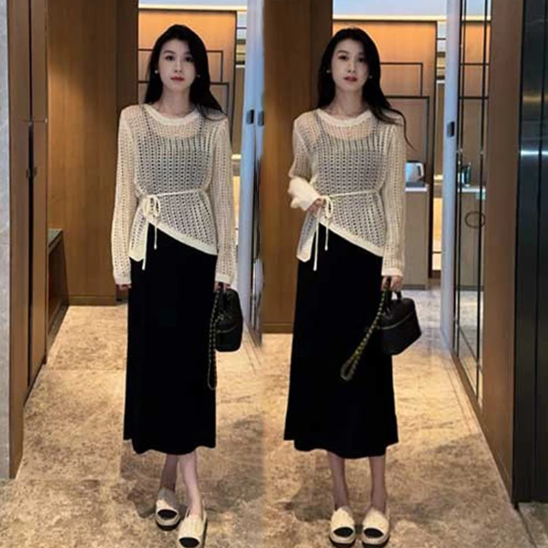 时尚套装裙女2024早秋新款慵懒风收腰镂空针织衫吊带裙气质两件套