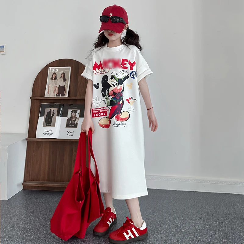 女童连衣裙2025新款春夏季女孩休闲短袖T恤裙洋气宽松卡通裙子