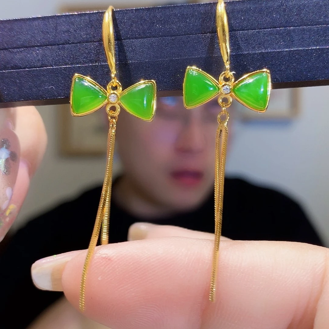 和田玉（碧玉）银S925镀金镶嵌耳饰