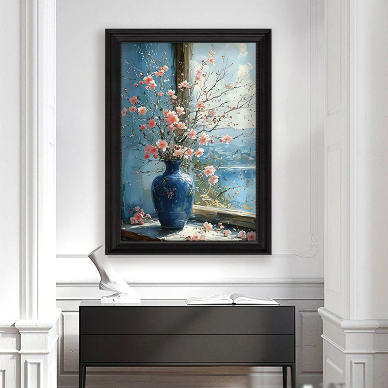 YH07客厅玄关楼梯尽头挂画蓝腊梅装饰画餐厅壁画入户玄关墙画