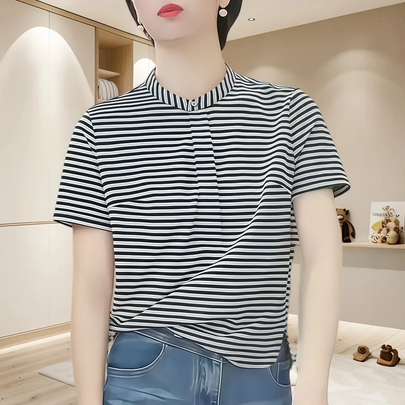 轻奢高端纯棉t恤女夏季新款高质感条纹撞色短袖纯欲慵懒风女装ins