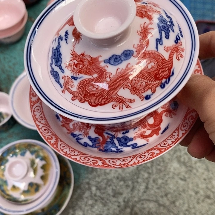 摆件陶红稀土龙纹祥云三才盖碗