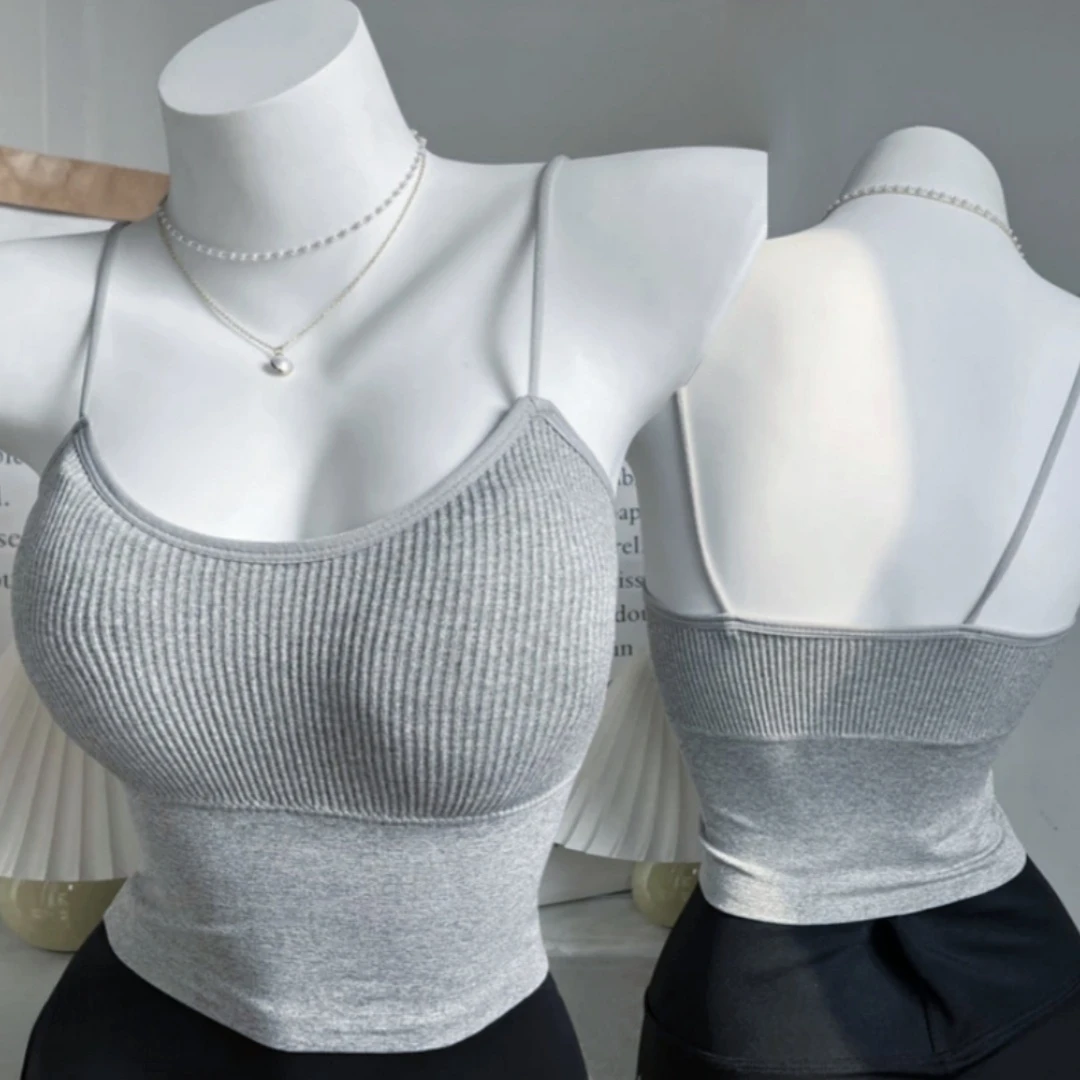 韩版外扩漫画胸吊带美背螺纹简约带胸垫聚拢百搭运动背心式内衣L