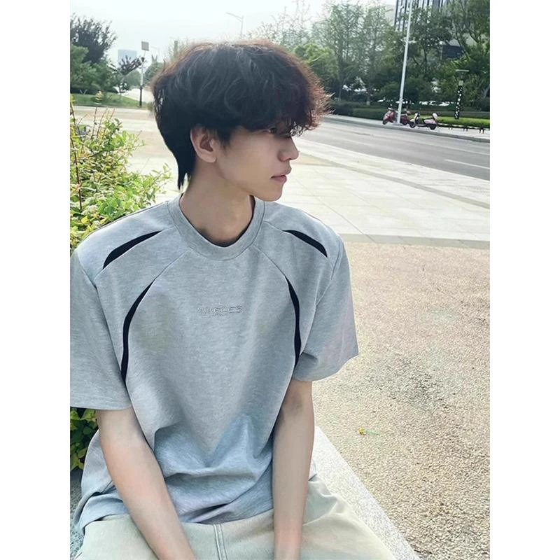 灰色解构拼接设计感短袖男夏季男生ootd穿搭半袖美式重磅正肩t恤