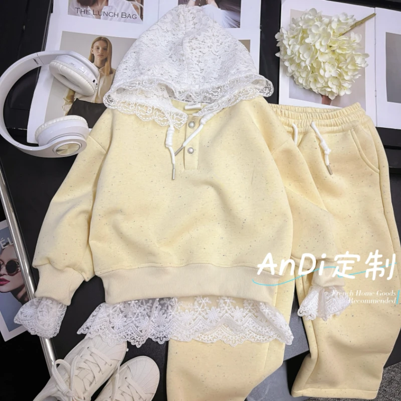 〖ANDI〗订制春季新款中大童女童韩系拼接蕾丝休闲两件套套装3577