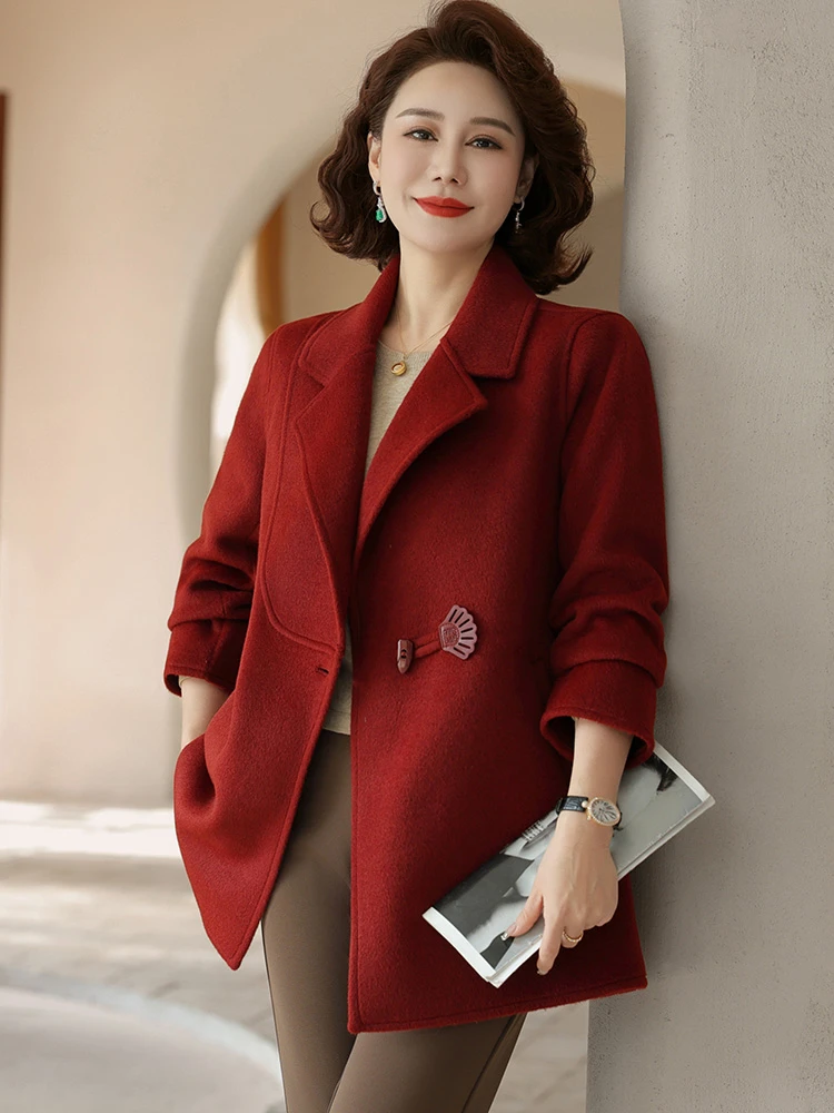 妈妈秋冬毛呢外套中长款双面呢上衣大码中老年女装洋气质呢子大衣