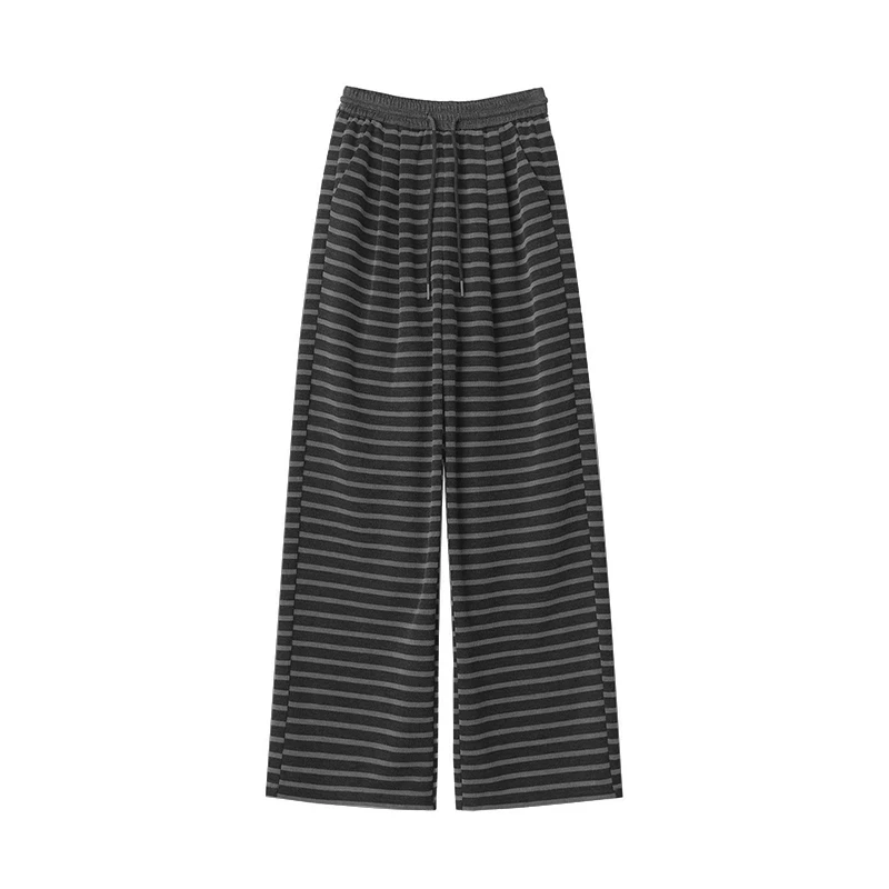 加绒加厚条纹休闲裤女秋冬新款季松紧腰显瘦百搭直筒阔腿裤AA037
