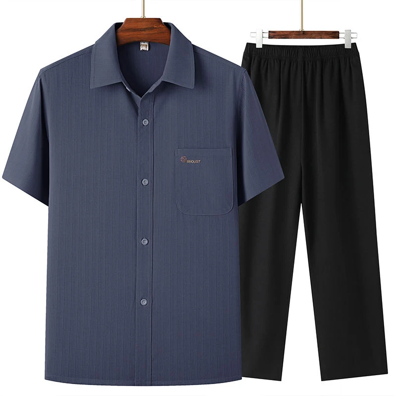 新中式爸爸装夏季套装中老年高级感冰丝男士衬衫爷爷薄款宽松短袖