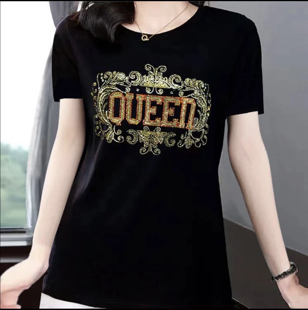 2025夏新款烫钻圆领短袖T恤女宽松显瘦上衣面料百搭时尚洋气