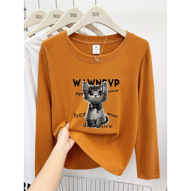 南瓜色猫咪印花正肩圆领长袖t恤女秋季打底衫胖mm大码显瘦上衣服