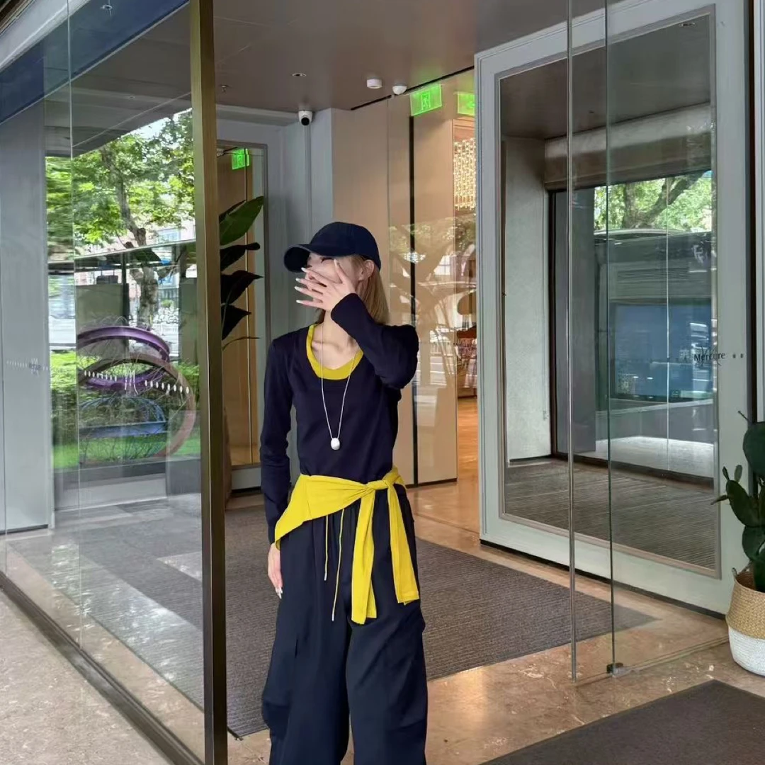 早秋韩范气质休闲带披肩撞色显瘦三件套