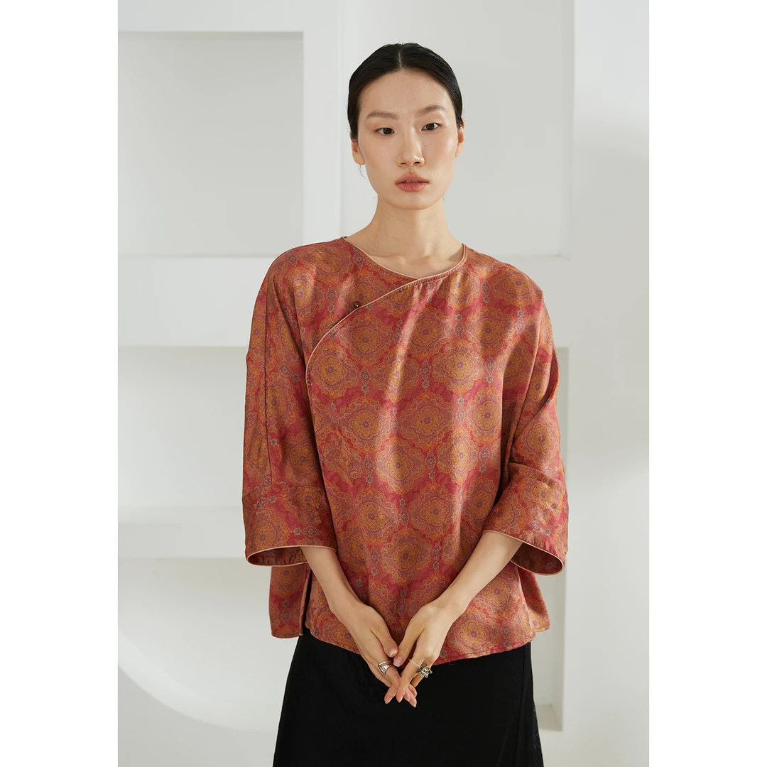 SILVIYE宝相花真丝红云纱花萝100桑蚕丝国风七分袖上衣YSDS045