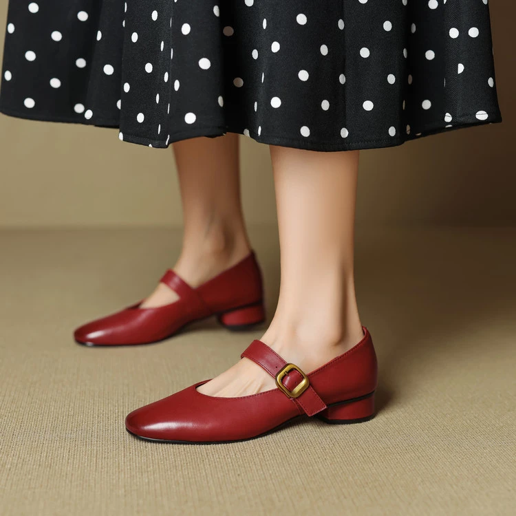 头层牛皮~3cm低跟气质浅口软底平底鞋春季复古粗跟一字扣百搭单鞋