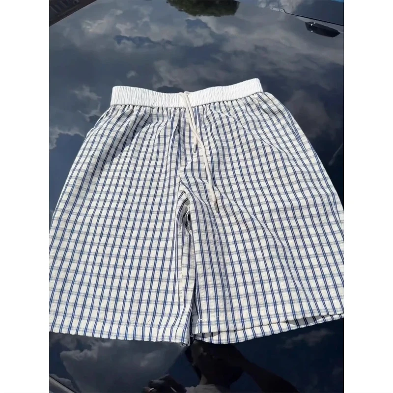 蓝色泡泡纱格子短裤男夏季薄款拼接设计感直筒裤子休闲阔腿五分裤