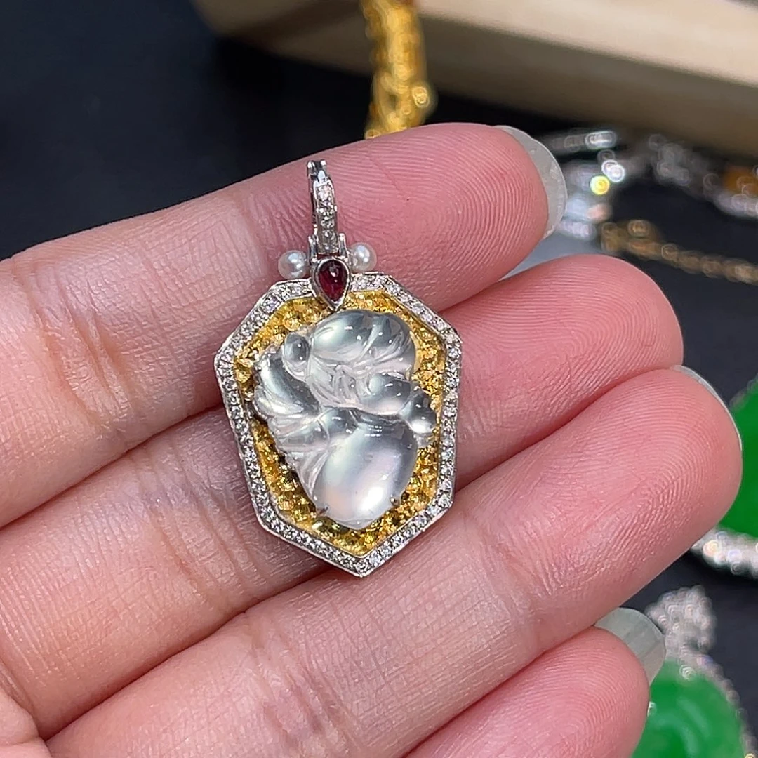 翡翠18K金镶嵌吊坠(不含链)玻璃种天使