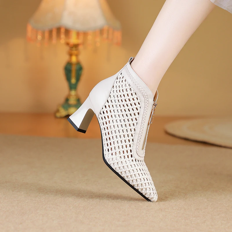 9137编织镂空网靴/牛皮/34-42/粗跟手工女鞋时尚百搭镂空凉靴GLS