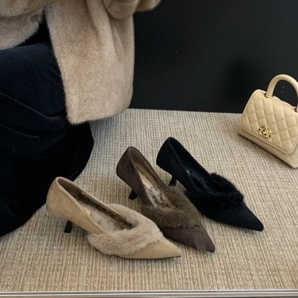 【2种跟】尖头细跟V口单鞋女鞋子2025秋冬温柔晚晚鞋配裙子毛毛鞋