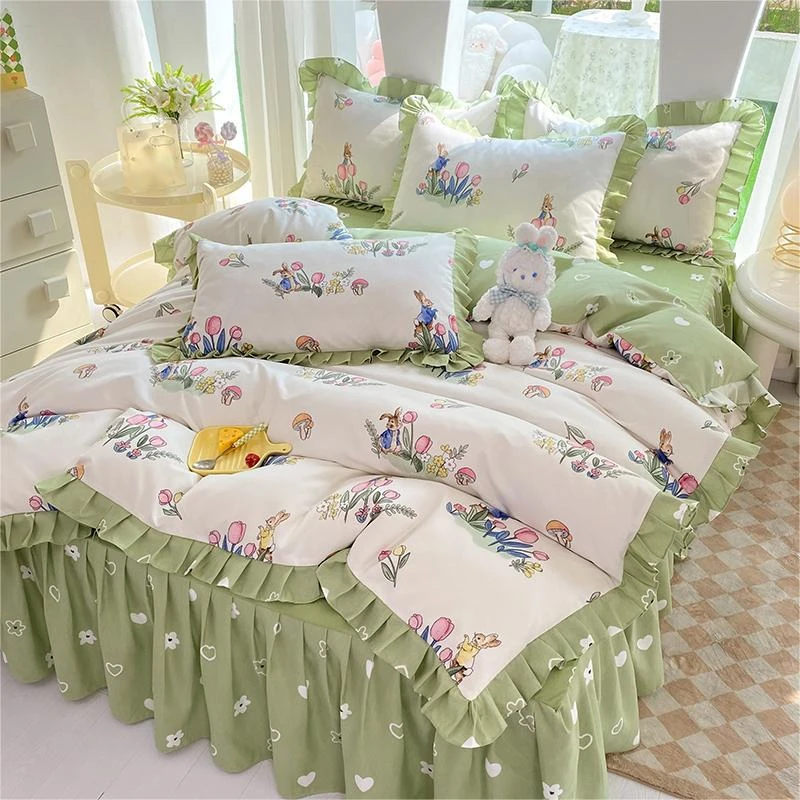 韩版小清新公主风床裙被套透气防滑四件套四季通用床上用品四件套