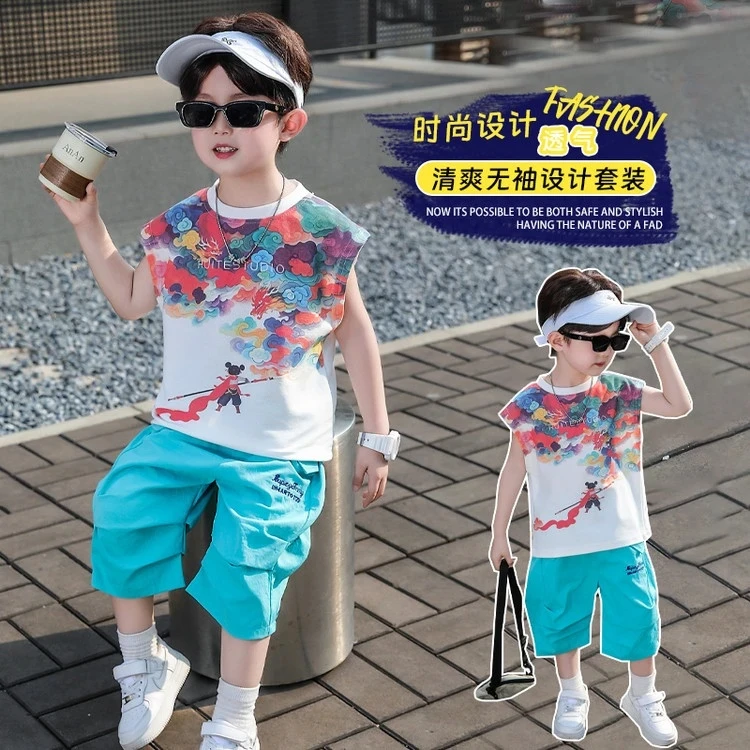 夏季套装韩版印花男童中小童时尚透气夏装帅气男孩薄款休闲