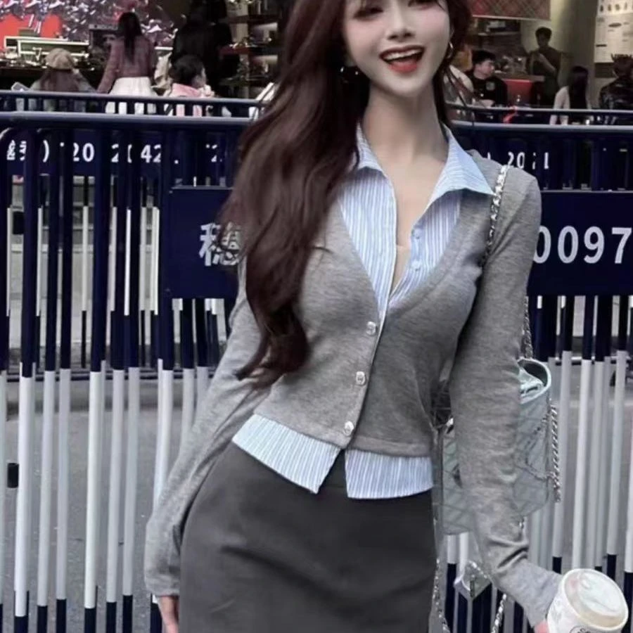 【1169人好评】卡卡女装正品设计早春新款长袖两件撞色衬衫拼接T 显