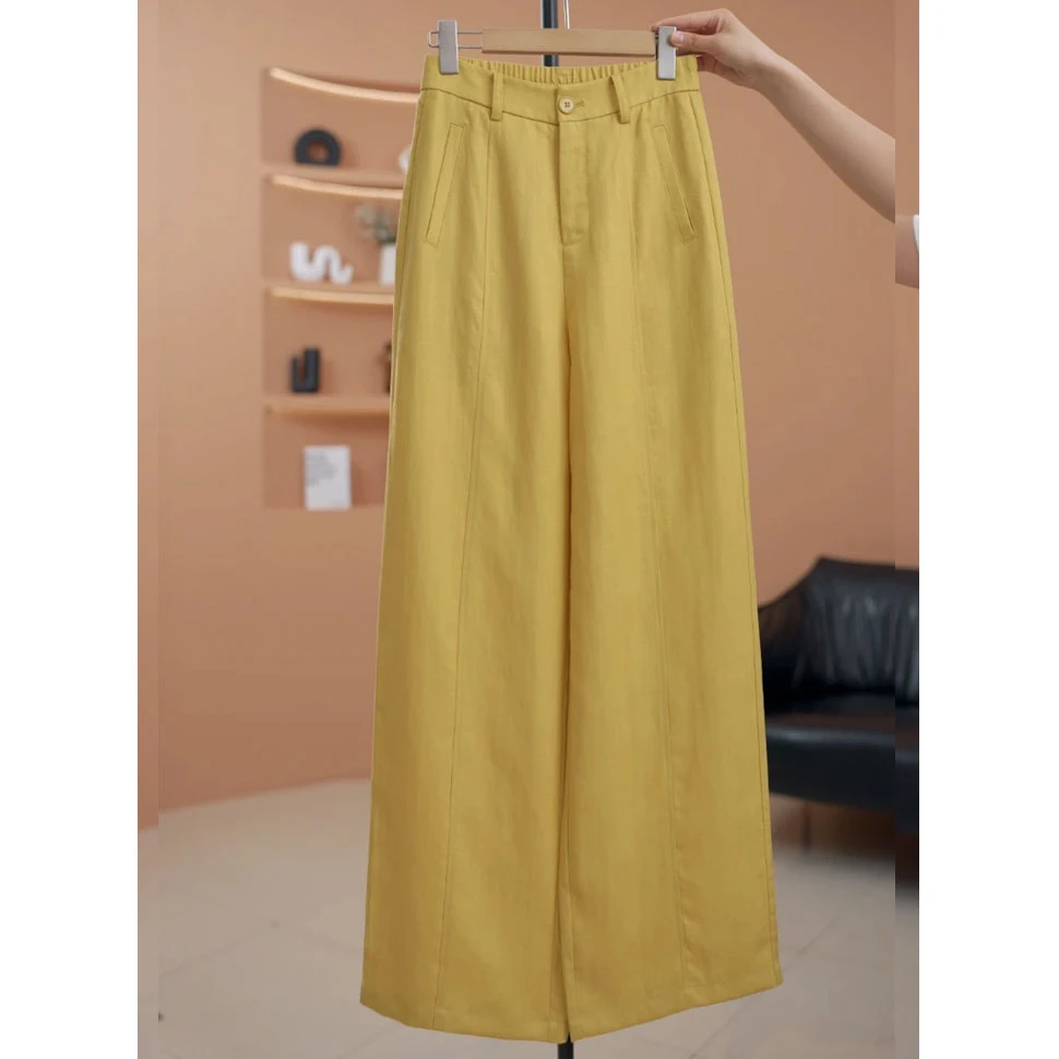 女士夏季薄款裤子直筒宽松休闲裤显瘦高腰垂感窄版天丝亚麻阔腿裤