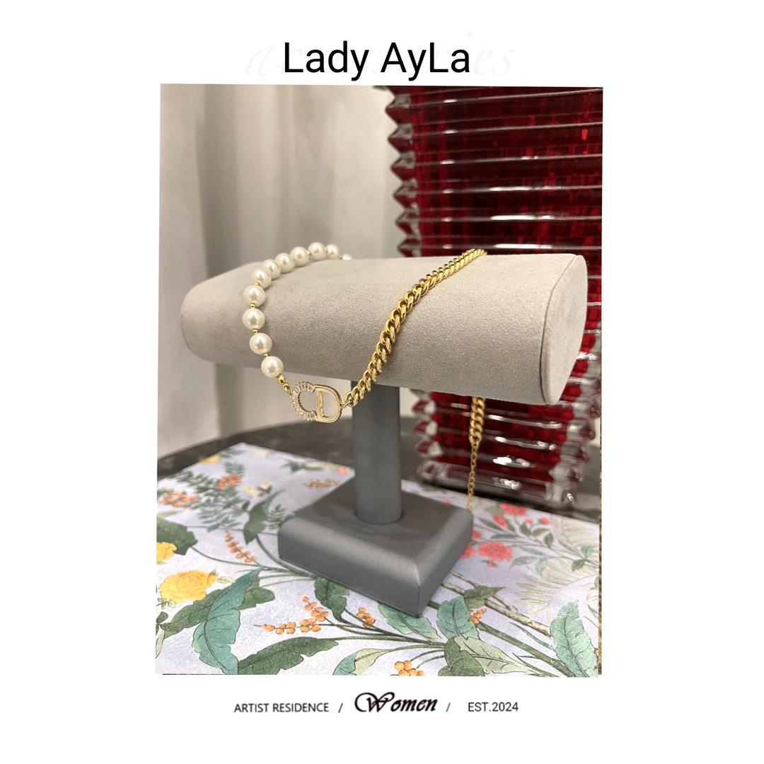 铜合金仿珍珠项链 字母C闪锆珠珠链条拼接项链AL081