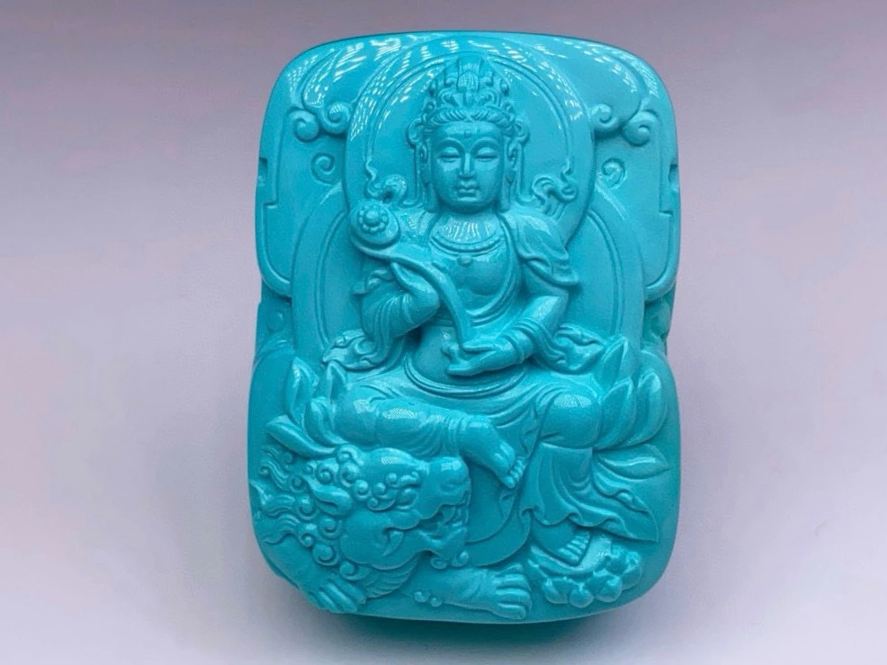 原矿高瓷蓝绿松石雕刻精品文殊菩萨绿松石