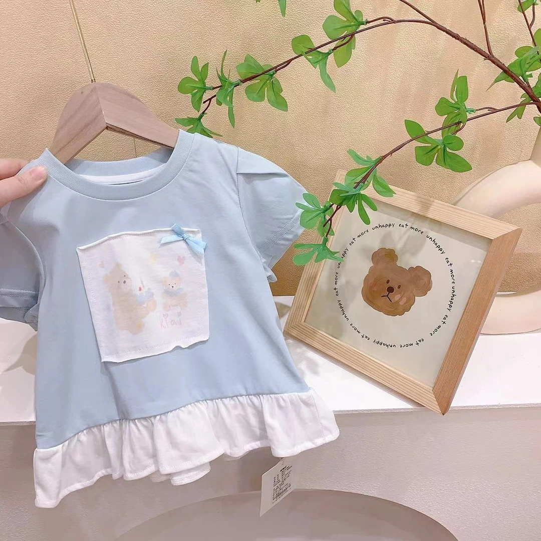 女童蓝色卡通花边上衣（KIAI-823290-夏A）