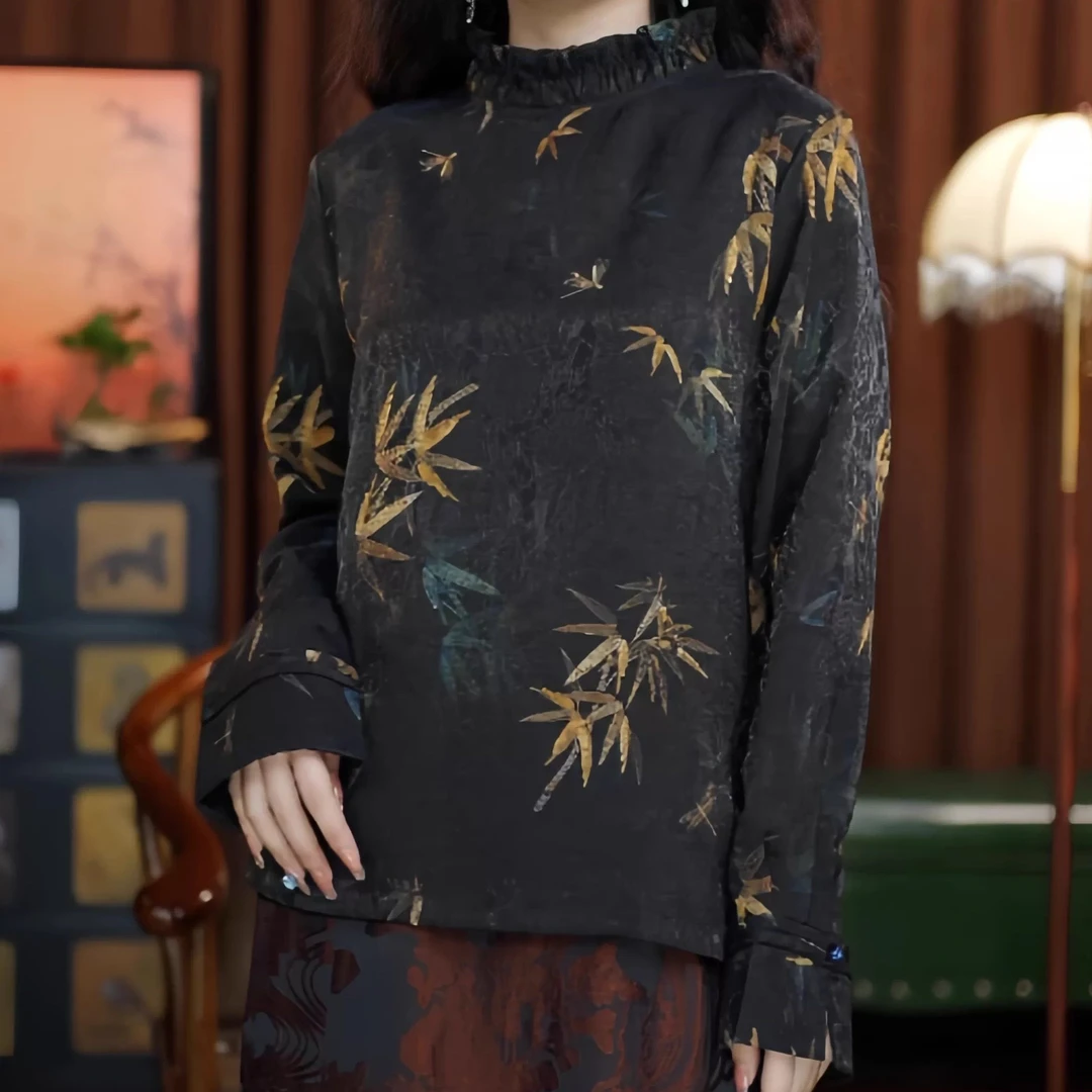 茂林修竹（黑色）花边领老料女装新款长袖提花短款上衣