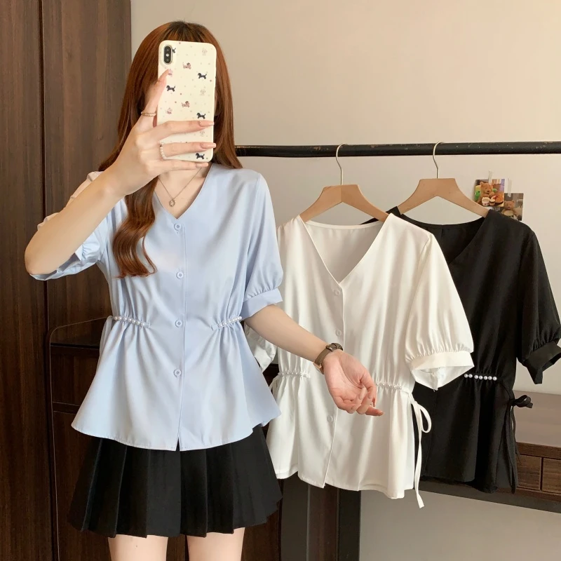 大码女款微胖女装夏季衬衫t恤遮肚子显瘦大码短袖t恤女宽松上衣