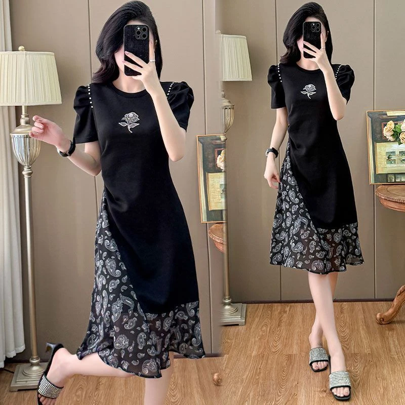 网红轻奢高级感卫衣连衣裙夏新款宽松镶钻设计感法式印花拼接裙子