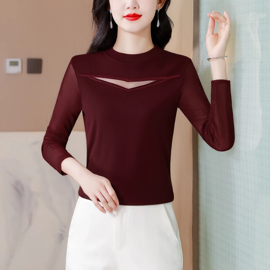 秋季时尚洋气网纱烫钻纯色显瘦打底衫2025新款减龄百搭长袖T恤女