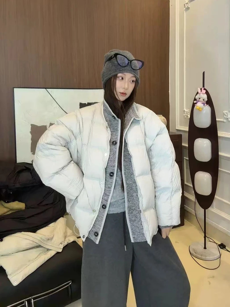 针织拼接加厚羽绒服2025新款短款羽绒服女保暖外套潮冬L006