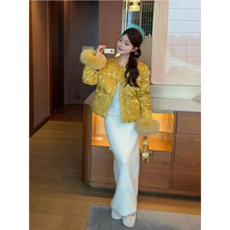 新中式国风鹅绒加绒加厚款气质中国风秋冬女短款羽绒服外套Z