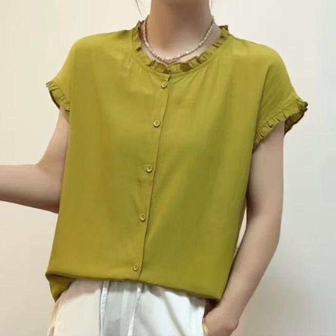 夏季薄款妈妈装花边领短袖衬衫女士时尚纯色小衫宽松减龄显瘦上衣