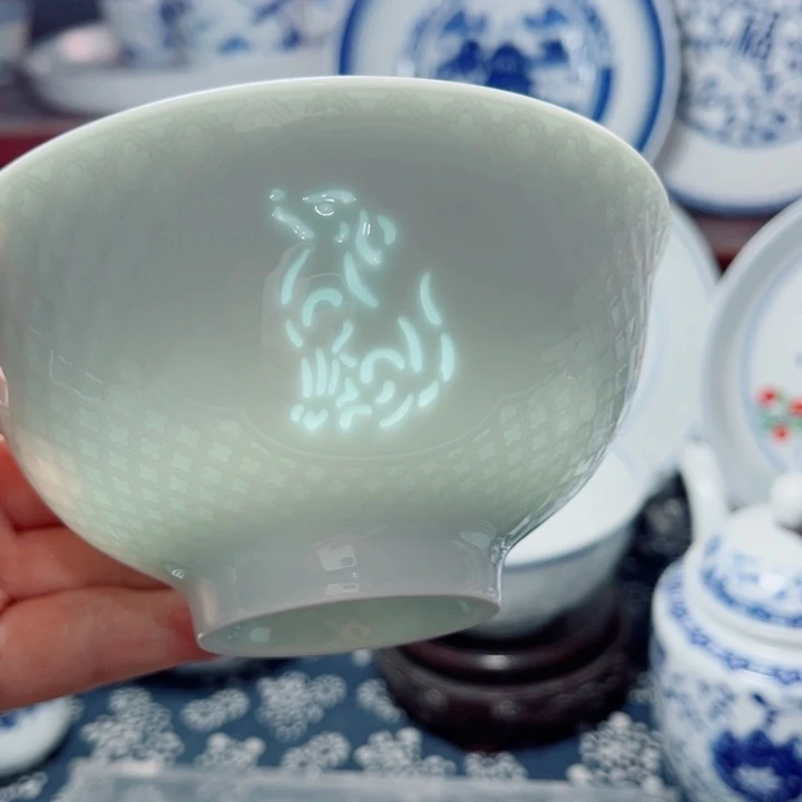 青花玲珑5寸饭碗生肖 狗