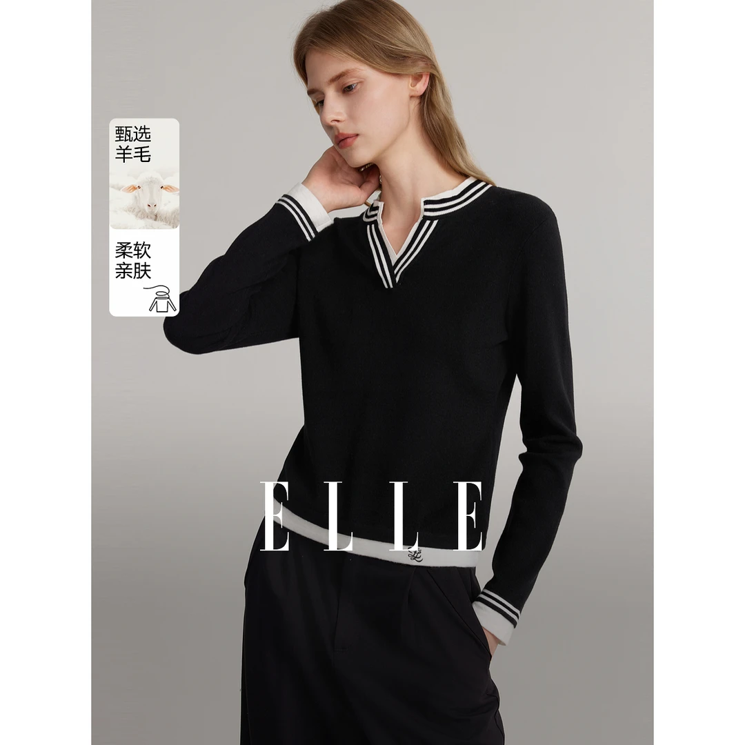 ELLE绵羊毛黑色撞色V领长袖针织衫女2025春季新款休闲气质EZ50459