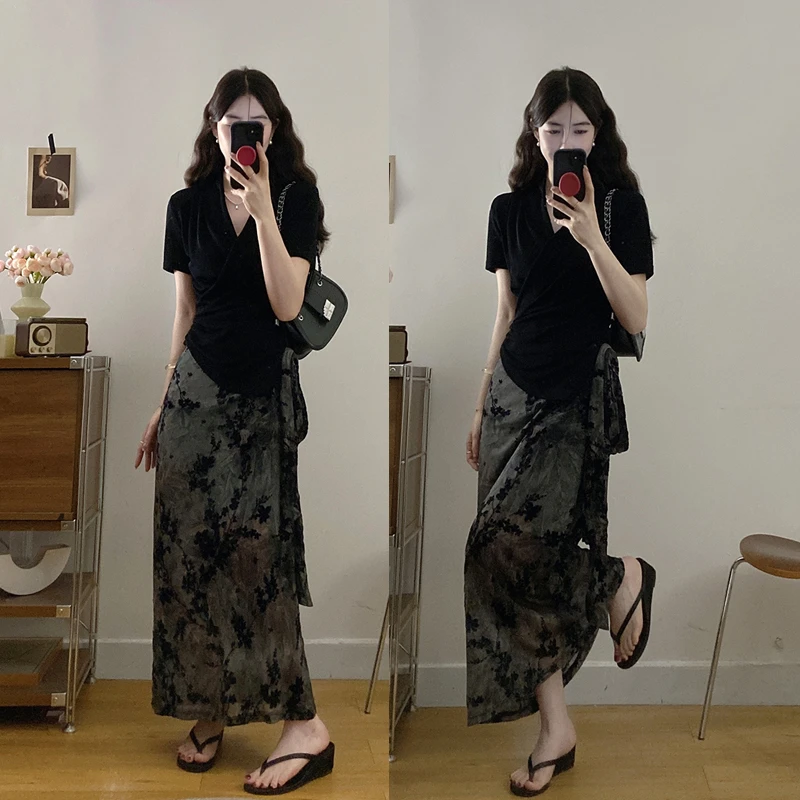 大码【暗梅】夏季新款复古设计感半身裙交叉v领T恤新中式高级感穿搭