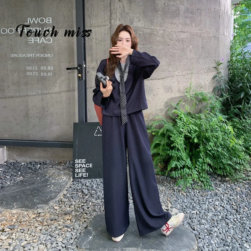 TOUCH MISS藏青色韩系休闲套装女2025秋季新款设计感假两件T恤阔