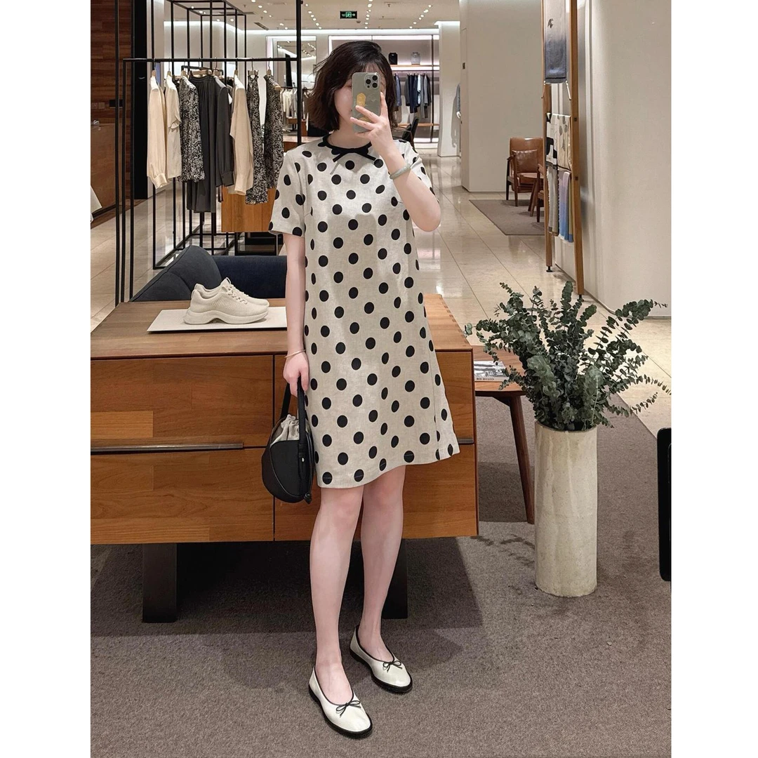 2025春夏新款亚麻圆领百搭减龄短袖宽松显瘦气质波点连衣裙