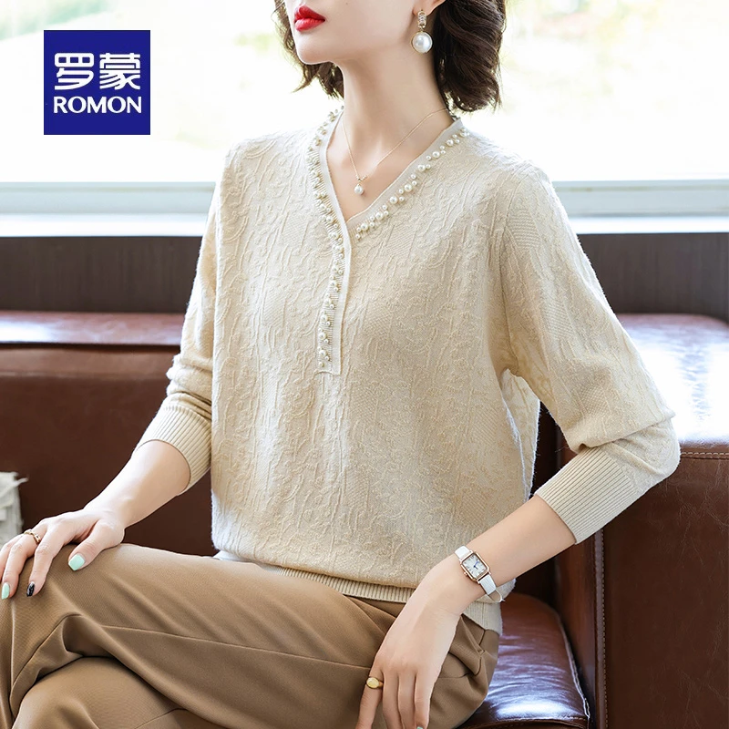 罗蒙妈妈洋气打底上衣中年女秋装2025新款毛衣中老年春秋针织小衫