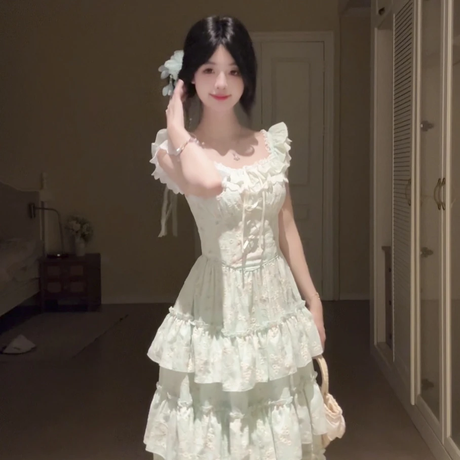 田园少女夏季法式清新田园风纯欲碎花小飞袖蛋糕长裙栗子团少女