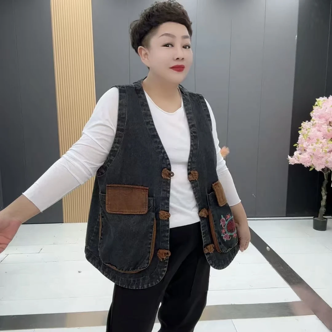 1262*大马时尚宽松薄款马夹潮流立体装饰春夏秋复古刺绣牛仔马夹